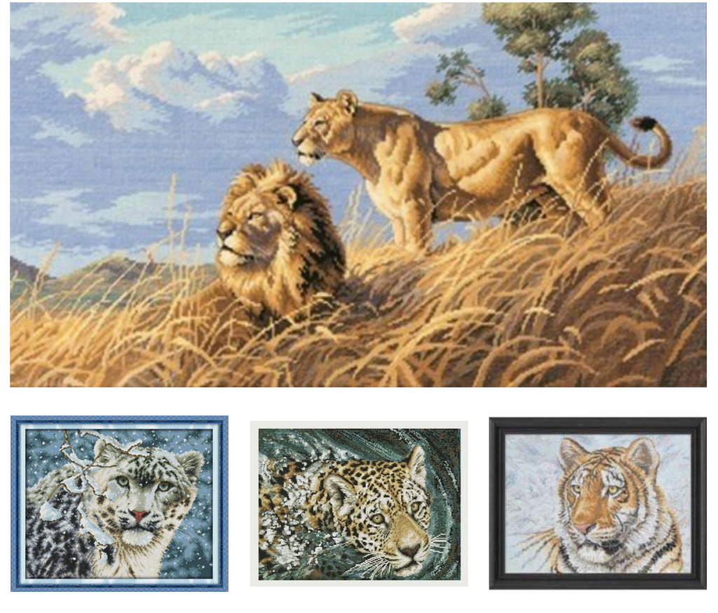 Lions, Tigers, Jaguars, Snow Leopard Cross Stitch Kits